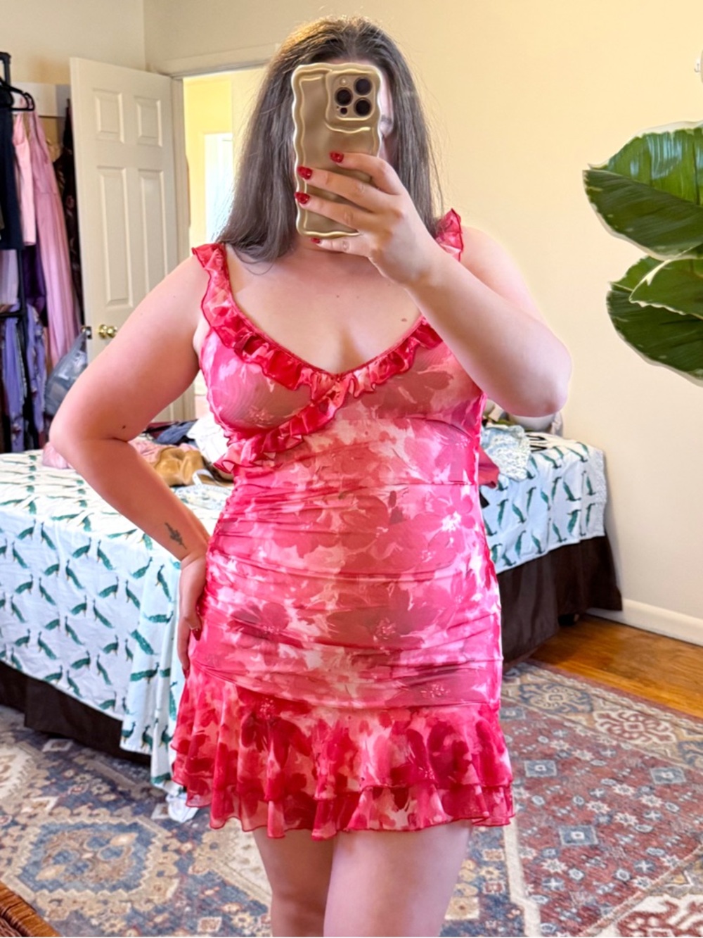 Shein pink floral ruched mini dress